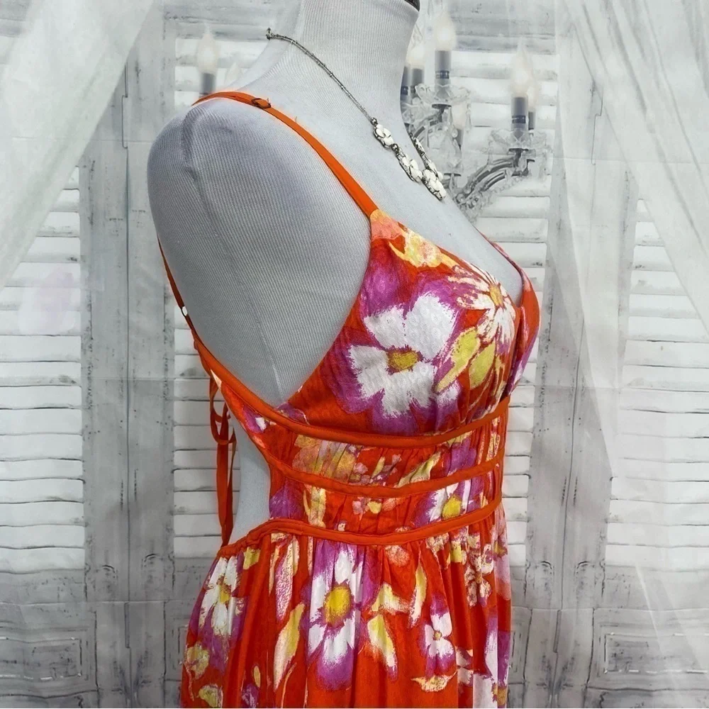 Free People Wisteria Maxi Dress Orange Floral Lightweight Open Back Sleeveless - Picture 10 of 14